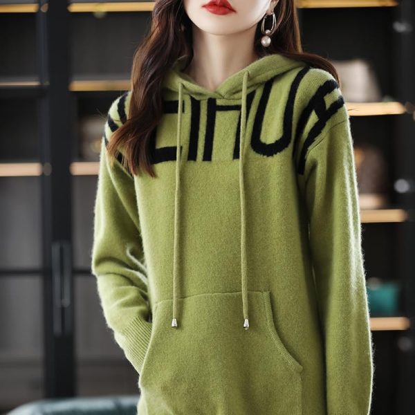 Women 100% Cashmere Wool Products Ladies Dress Knit Long Hooded Sweater Solid Slim Fit Cashmere Dress