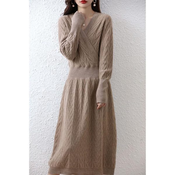 Women 100% Cashmere Wool Dress Solid Color V-Neck Pullover High-End Slim Long Dress Sweater
