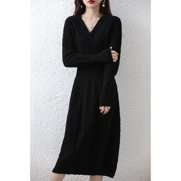 Women 100% Cashmere Wool Dress Solid Color V-Neck Pullover High-End Slim Long Dress Sweater