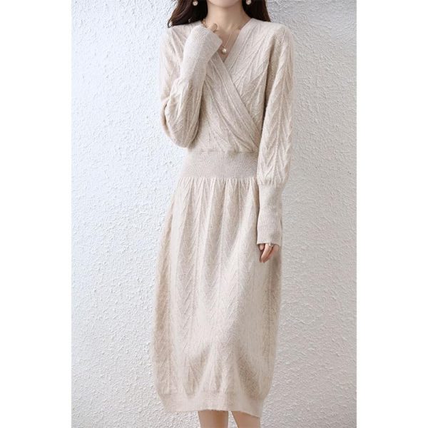 Women 100% Cashmere Wool Dress Solid Color V-Neck Pullover High-End Slim Long Dress Sweater