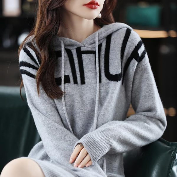 Women 100% Cashmere Wool Products Ladies Dress Knit Long Hooded Sweater Solid Slim Fit Cashmere Dress