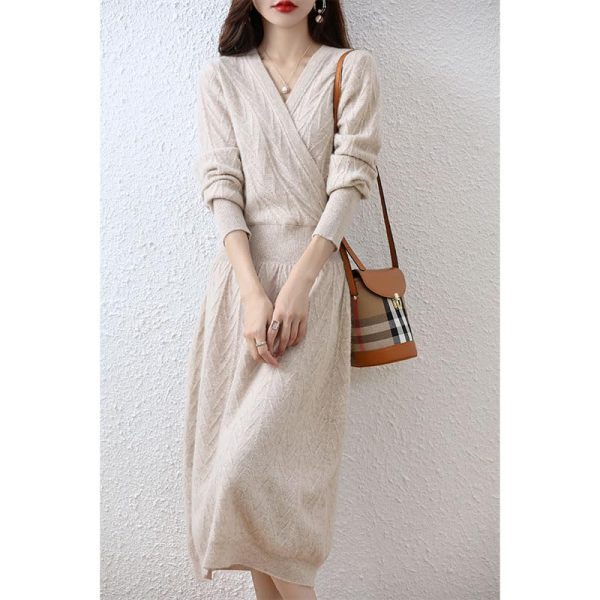 Women 100% Cashmere Wool Dress Solid Color V-Neck Pullover High-End Slim Long Dress Sweater