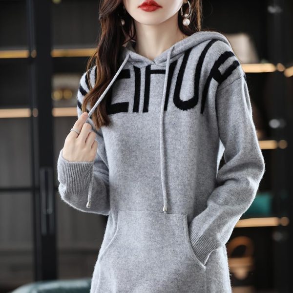 Women 100% Cashmere Wool Products Ladies Dress Knit Long Hooded Sweater Solid Slim Fit Cashmere Dress