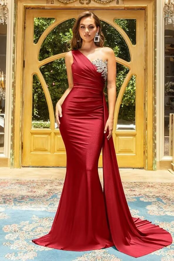 61wvFdCQGIL.jpg One Shoulder Mermaid Bridesmaid Dresses for Wedding Long Satin Prom Dresses Beaded Lace Appliques Formal Evening Party Gowns